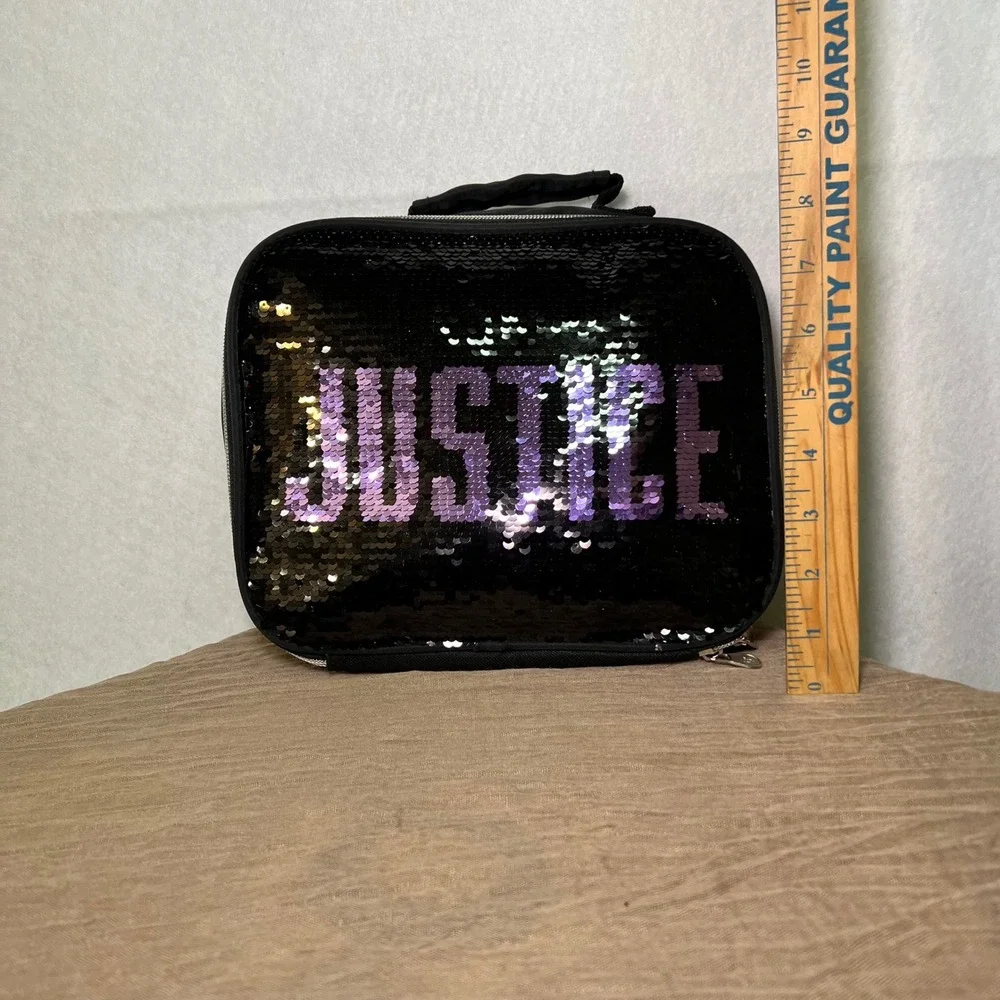 Justice Girls Black Purple Flip Sequin Insulated Lunch‎ Box Bag Sparkle